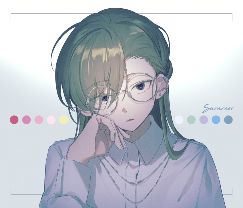 1girl, alternate_costume, asymmetrical_bangs, bespectacled, border, buttoned_cuffs, cheek_rest, circle