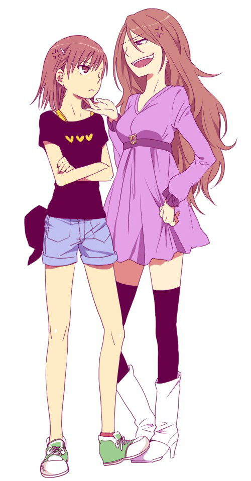 2girls, anger_vein, angry, annoyed, black_legwear, black_thighhighs, boots, breasts