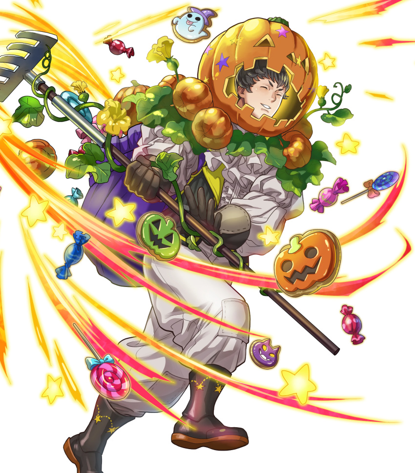 1boy, attack, black_hair, brown_footwear, brown_gloves, candy, closed_eyes, fire_emblem