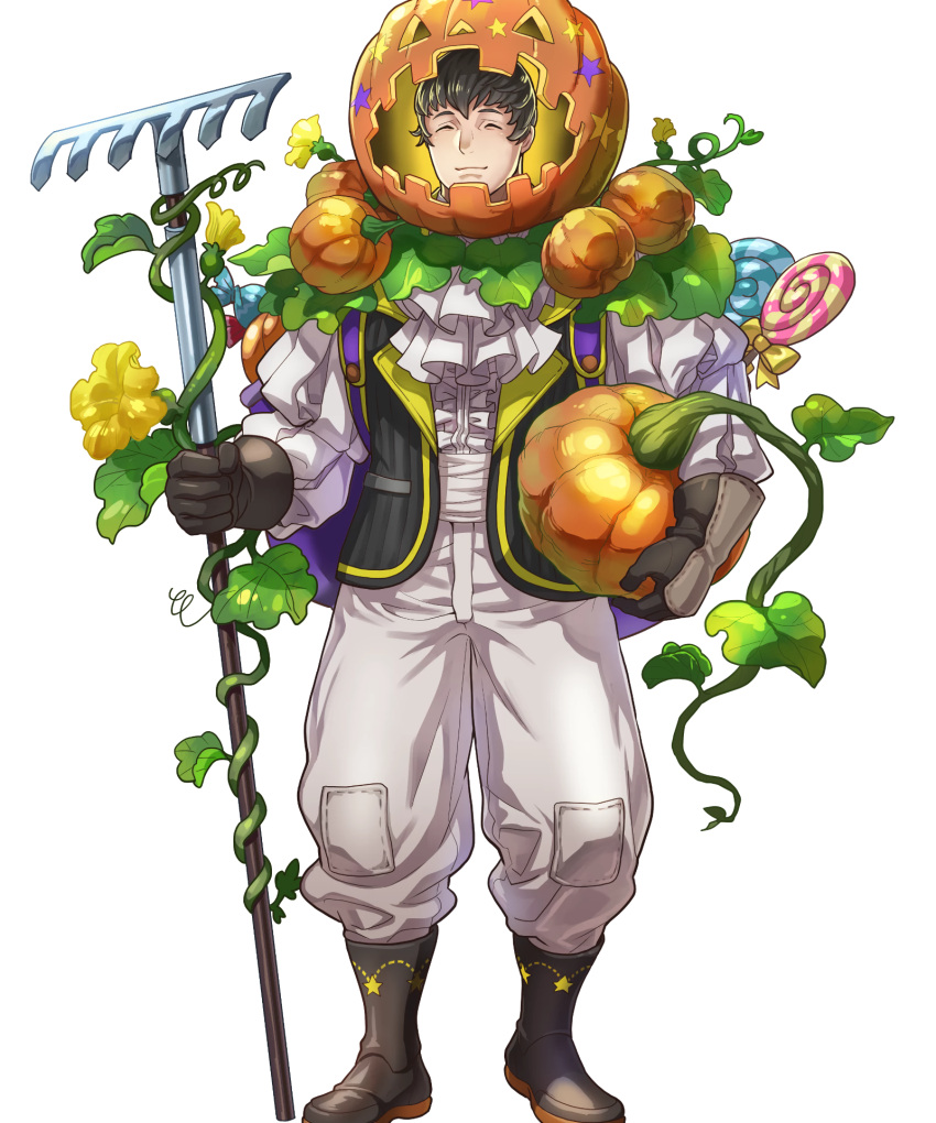 1boy, black_hair, brown_footwear, brown_gloves, candy, closed_eyes, fire_emblem, fire_emblem_awakening