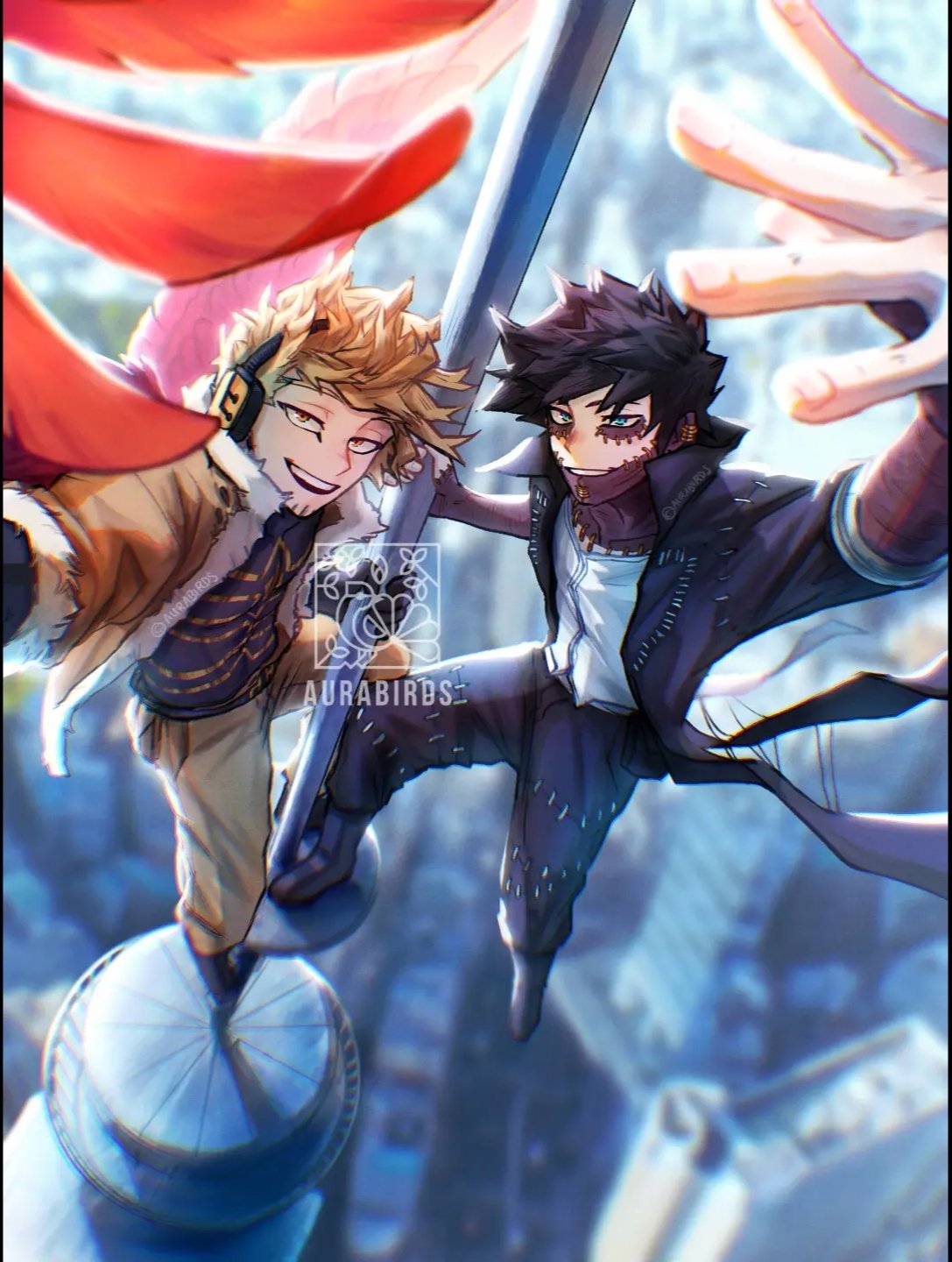 2boys, artist_logo, artist_name, aurabirds, beard_stubble, black_hair, blonde_hair, blue_eyes