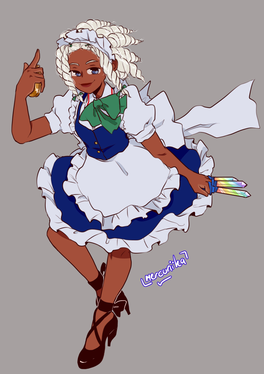 1girl, absurdres, alternate_skin_color, apron, artist_name, black_footwear, blue_eyes, bow