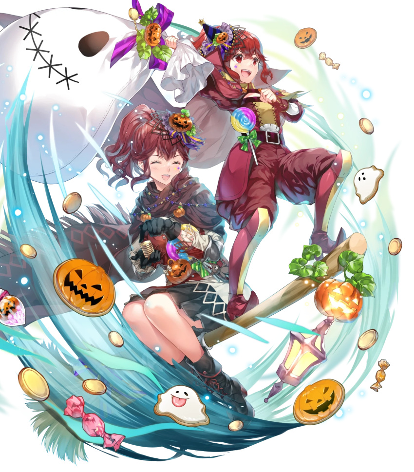 2girls, ankle_boots, anna_(fire_emblem), belt, boots, broom, broom_riding, candy