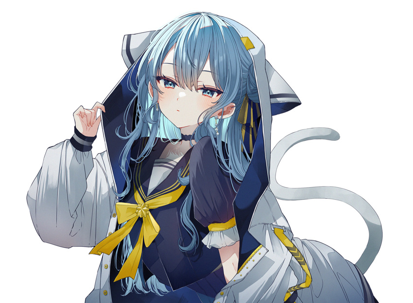 1girl, all_fours, blue_eyes, blue_hair, blush, cat_tail, choker, earrings, eyelashes, fingernails, hair_between_eyes, hair_bun, hair_ribbon, highres, hololive, hood, hooded_jacket, hoshimachi_suisei, hoshimachi_suisei_(school_uniform), jacket, jewelry, long_hair, looking_at_viewer, ribbon, school_uniform, serafuku, simple_background, solo, star_(symbol), tail, uo_illust, virtual_youtuber, white_background