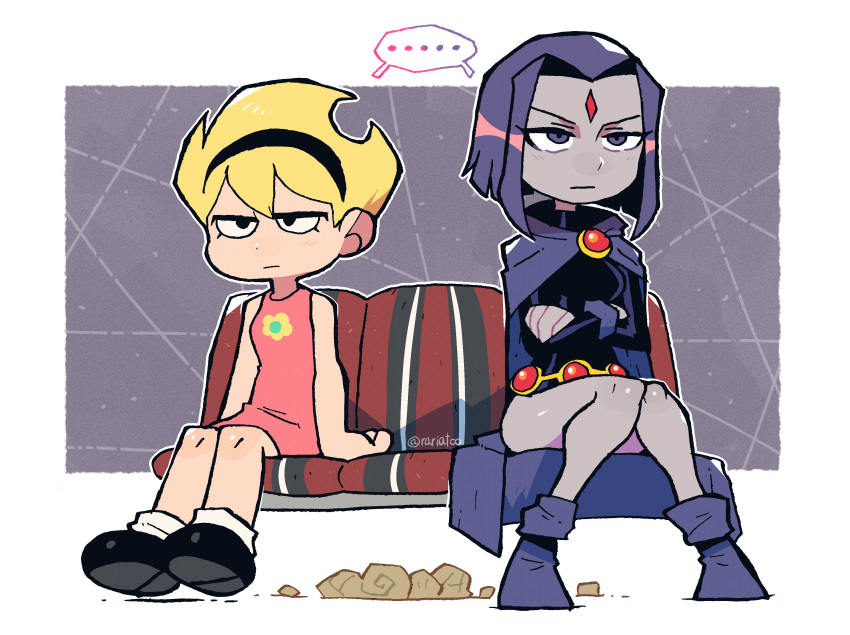 2girls, absurdres, black_footwear, black_hairband, blonde_hair, cape, cartoon_network, crossover