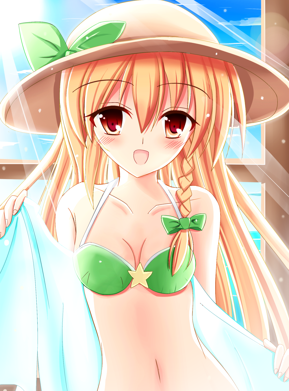 bikini, blonde_hair, hat, highres, kirisame_marisa, long_hair, sunbeam, sunlight