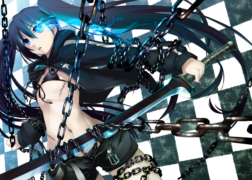 belt, bikini_top, black_hair, black_rock_shooter, black_rock_shooter_(character), blue_eyes, chain, erect_nipples