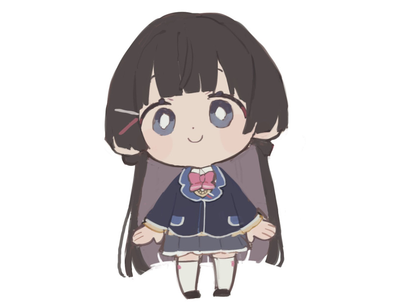 1girl, arms_at_sides, black_footwear, black_hair, black_jacket, blazer, blunt_bangs, blush_stickers, bow, bowtie, bright_pupils, brown_sweater, chibi, closed_mouth, collared_shirt, full_body, grey_eyes, grey_skirt, hair_ornament, hairclip, highres, jacket, kmgm_co, long_hair, looking_at_viewer, nijisanji, no_sclera, pigeon-toed, pink_bow, pink_bowtie, pleated_skirt, school_uniform, shirt, shoes, skirt, smile, solo, standing, staring, sweater, thigh-highs, tsukino_mito, tsukino_mito_(1st_costume), very_long_hair, virtual_youtuber, white_background, white_pupils, white_shirt, white_thighhighs