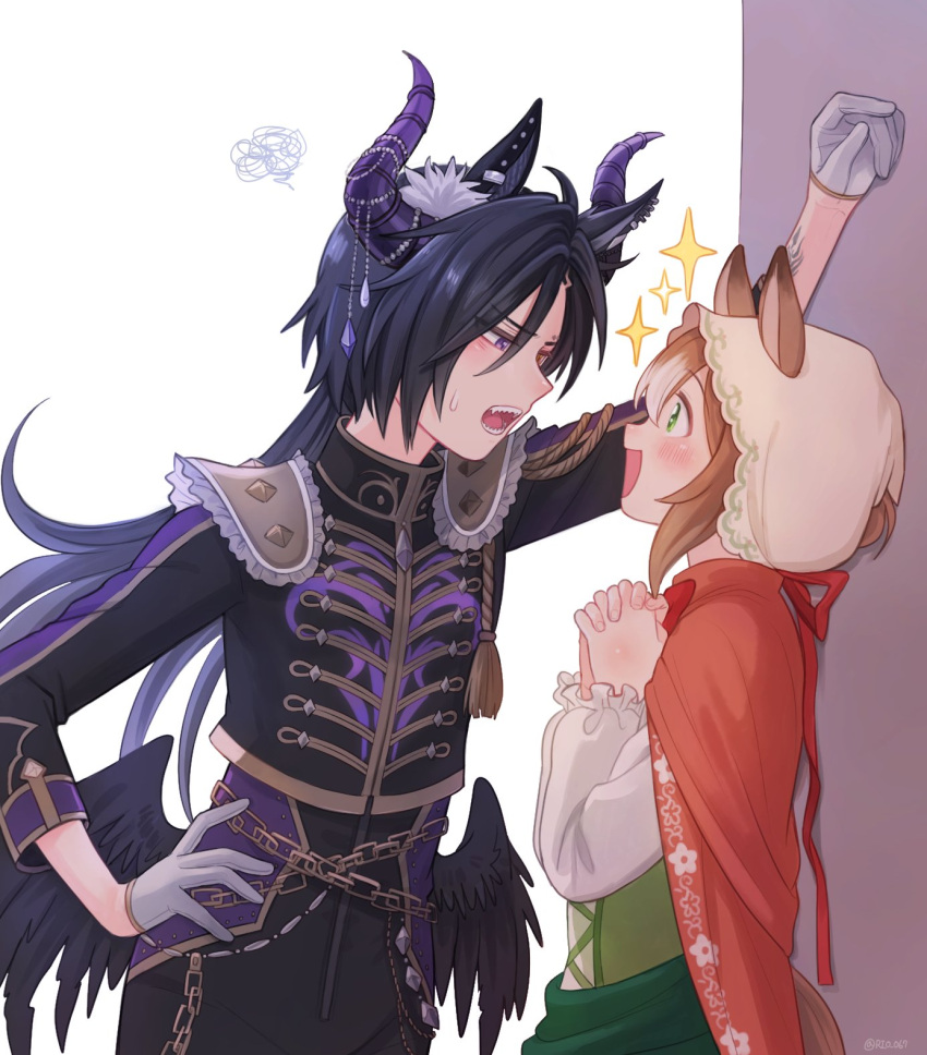 2girls, air_shakur_(belphegor's_prime)_(umamusume), air_shakur_(umamusume), animal_ears, black_hair, black_jacket, black_pants, blush, brown_hair, ear_piercing, ears_through_headwear, fine_motion_(hello_my_clover)_(umamusume), fine_motion_(umamusume), from_side, gloves, green_eyes, hair_between_eyes, hair_bun, hair_ribbon, highres, horse_ears, horse_girl, jacket, kabedon, long_hair, long_sleeves, multiple_girls, official_alternate_costume, pants, piercing, ribbon, rio_(rio_067), single_hair_bun, squiggle, twitter_username, umamusume, violet_eyes, white_gloves, white_hair