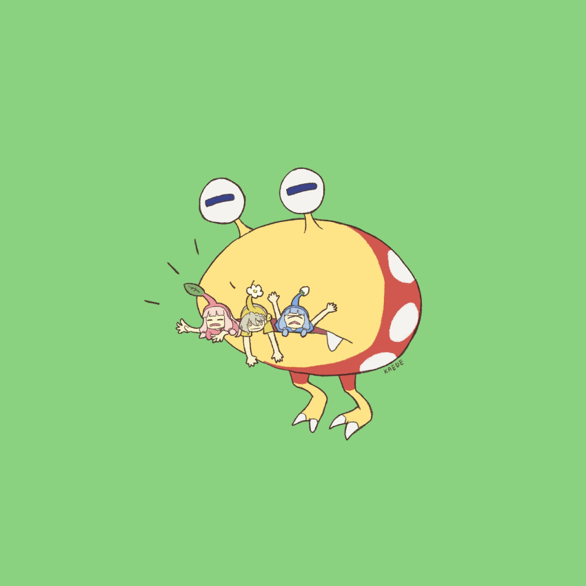 1boy, 2girls, @_@, alternate_costume, arms_up, artist_name, bashauma_kaede, bell, blue_hairband, blue_pikmin, blue_pikmin_(cosplay), blue_shirt, blunt_bangs, bulborb, closed_eyes, commentary_request, cosplay, crossover, frown, green_background, hair_bell, hair_ornament, hairband, highres, horizontal_pupils, iori_yuzuru, jingle_bell, kotonoha_akane, kotonoha_aoi, monster, multiple_girls, notice_lines, open_mouth, outstretched_arms, pikmin_(series), red_hairband, red_pikmin, red_pikmin_(cosplay), red_shirt, shirt, short_sleeves, simple_background, single_sidelock, t-shirt, voiceroid, vore, wide_shot, x_x, yellow_hairband, yellow_pikmin, yellow_pikmin_(cosplay), yellow_shirt