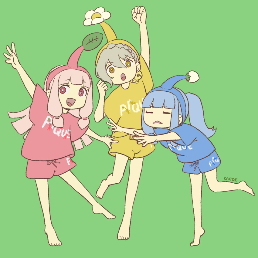 1boy, 2girls, :o, alternate_costume, alternate_hairstyle, arm_up, artist_name, bashauma_kaede
