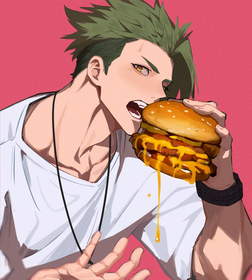1boy, absurdres, achilles_(fate), burger, cheese, cheese_trail, collarbone, eyelashes