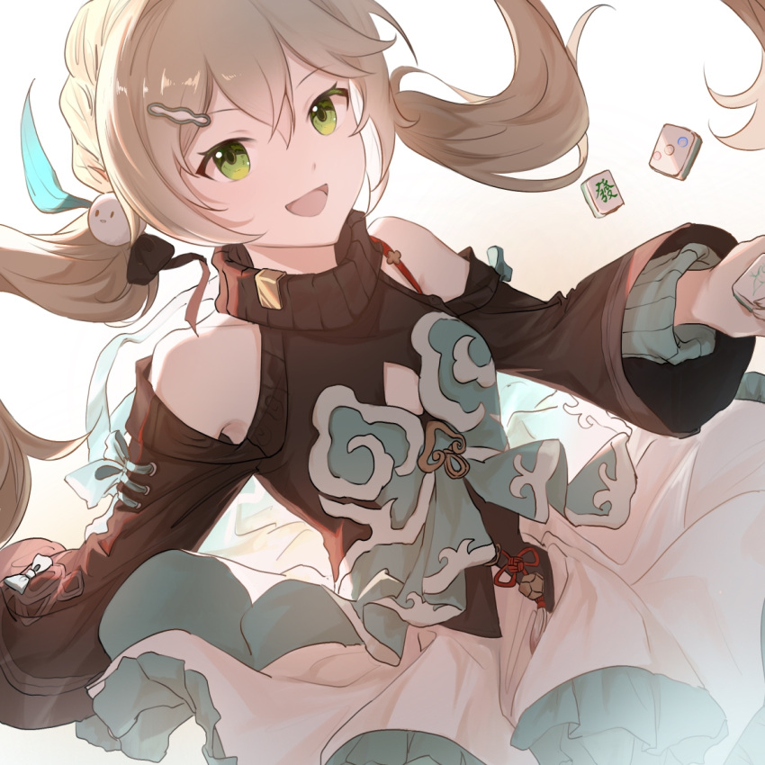 1girl, :d, bird_hair_ornament, detached_sleeves, euphoria_lberte, green_eyes, hair_ornament, hairclip