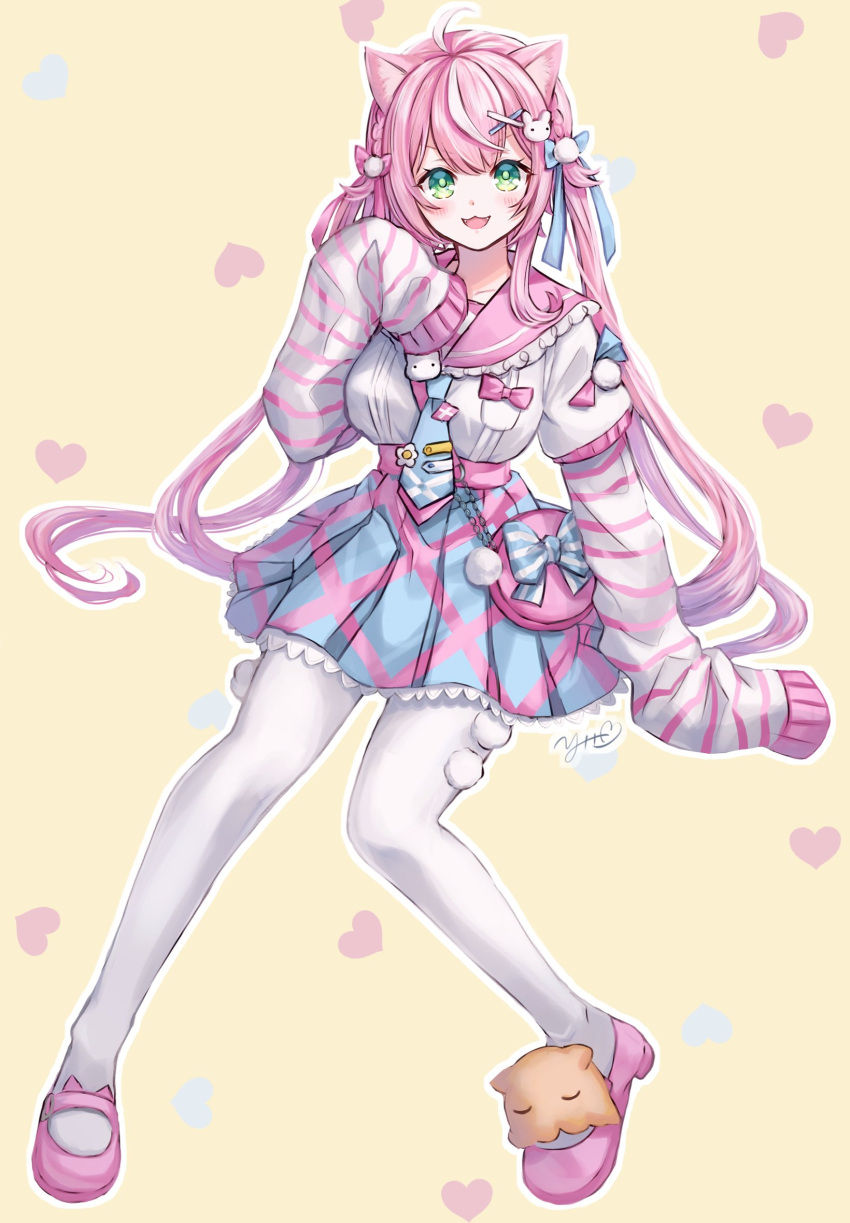 1girl, 440(yoshio), ahoge, animal_ears, blue_necktie, blue_skirt, cat_ears, cat_girl