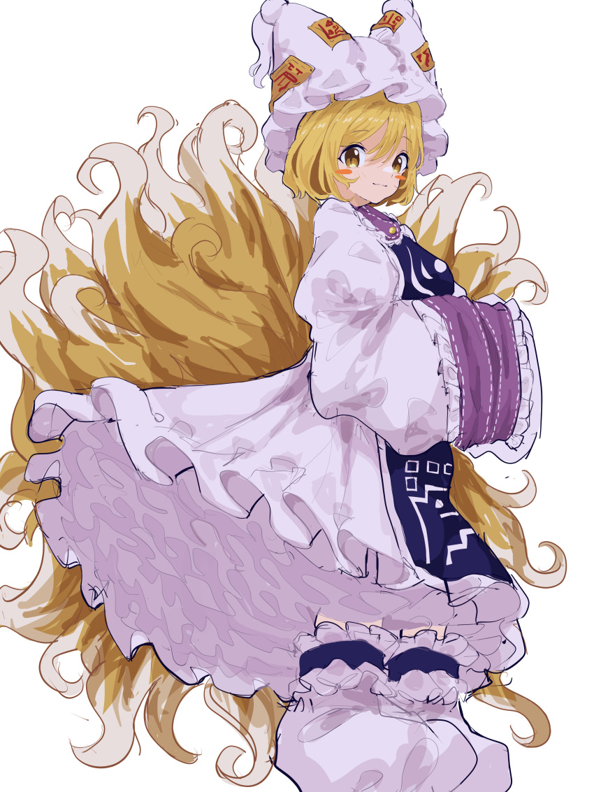 1girl, absurdres, animal_ear_headwear, blonde_hair, blush, breasts, dress, fox_tail