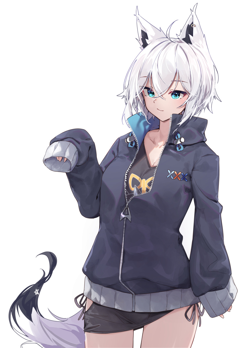 1girl, absurdres, animal_ears, black_jacket, black_shirt, blue_eyes, fox_ears, fox_girl