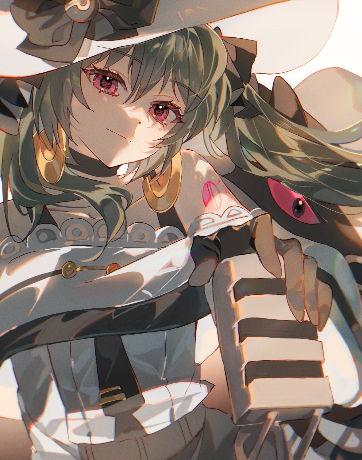 1girl, bare_shoulders, bccommi, black_choker, black_gloves, bow, choker, closed_mouth