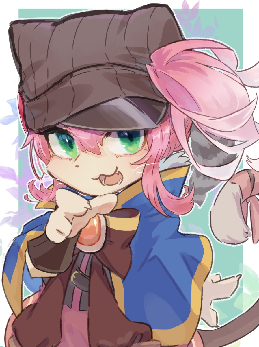 1girl, :3, blue_capelet, bow, bowtie, brown_bow, brown_bowtie, brown_headwear, capelet, cat_girl, cat_tail, commentary_request, cowboy_shot, dress, fang, furry, furry_female, green_eyes, hair_between_eyes, hat, highres, long_bangs, looking_at_viewer, open_mouth, orange_brooch, peaked_cap, pi_(pyaaaro), pink_dress, pink_hair, pointing, pointing_at_viewer, ragnarok_online, short_hair, smile, solo, summoner_(ragnarok_online), tail