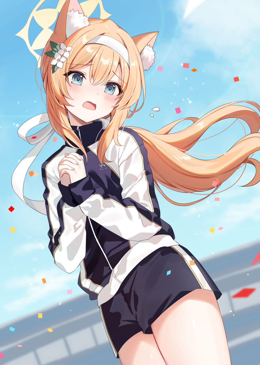1girl, animal_ear_fluff, animal_ears, black_shorts, blue_archive, blue_eyes, blush, cowboy_shot