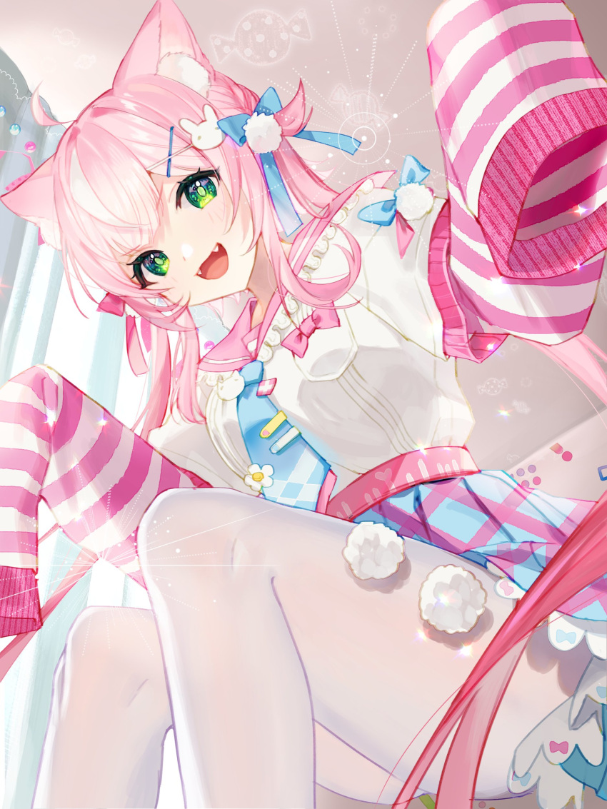 1girl, absurdres, blue_necktie, blue_skirt, fangs, frilled_sailor_collar, frills, green_eyes