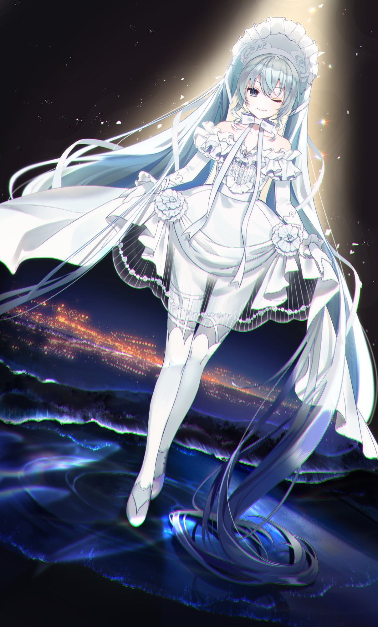 1girl, ;), blue_eyes, blue_hair, bonnet, dress, full_body, gloves