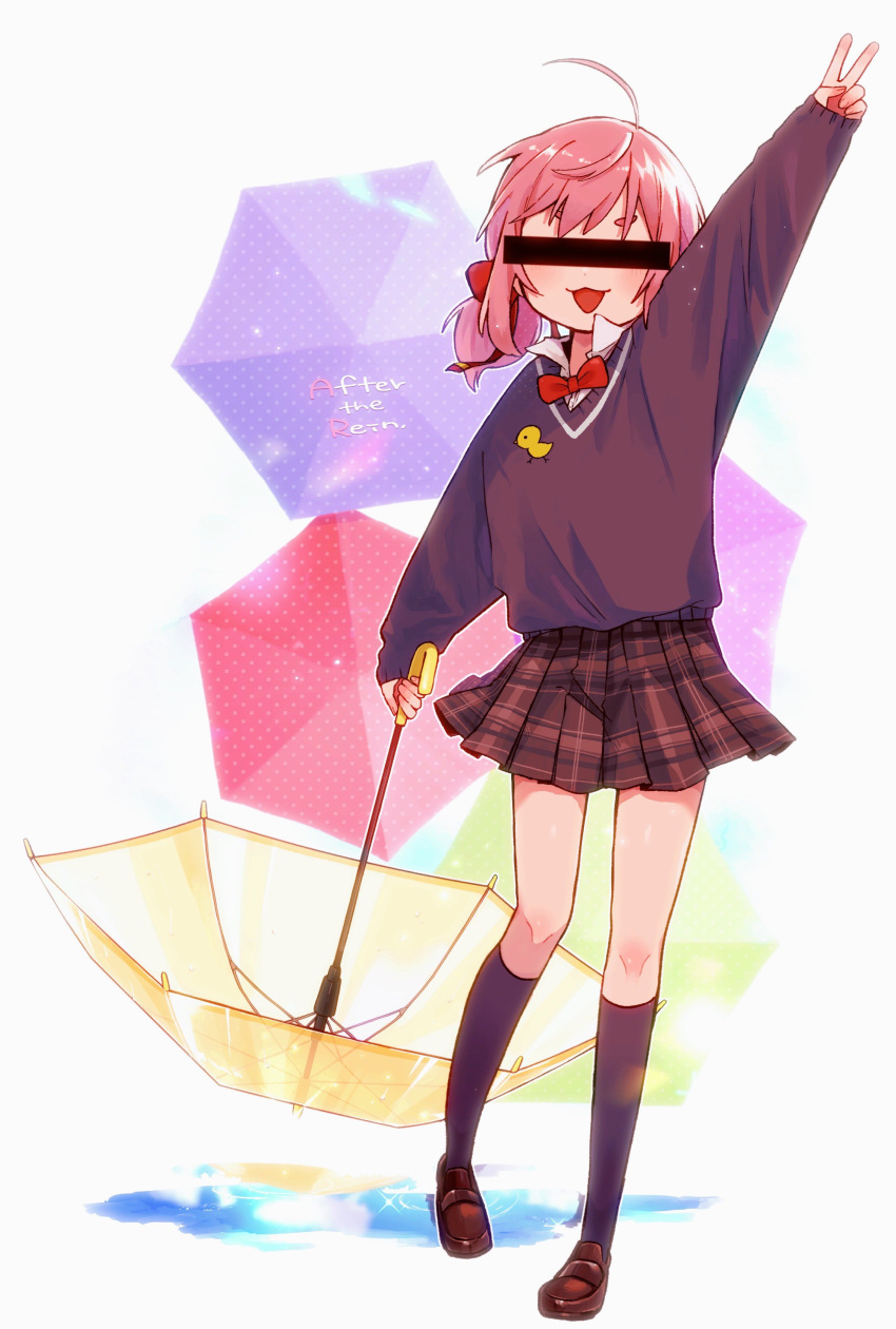 1girl, :3, absurdres, after_rain, ahoge, arm_up, aruko_okara, bar_censor, black_socks, blush, bow, bowtie, brown_footwear, censored, collared_shirt, commentary_request, covered_eyes, english_text, facing_viewer, hair_bow, heel_up, highres, hikimayu, holding, holding_umbrella, identity_censor, kneehighs, lens_flare, loafers, long_sleeves, low_twintails, open_mouth, pink_hair, popped_collar, puddle, purple_sweater, red_bow, red_bowtie, shirt, shoes, simple_background, sleeves_past_wrists, smile, socks, solo, standing, sweater, tokumei_radio, twintails, umbrella, v, virtual_youtuber, white_background, yuuge_(haoc_0141)