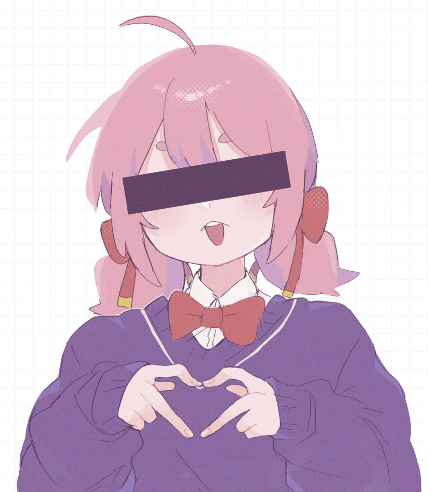 1girl, absurdres, ahoge, aruko_okara, bar_censor, blush, bow, bowtie