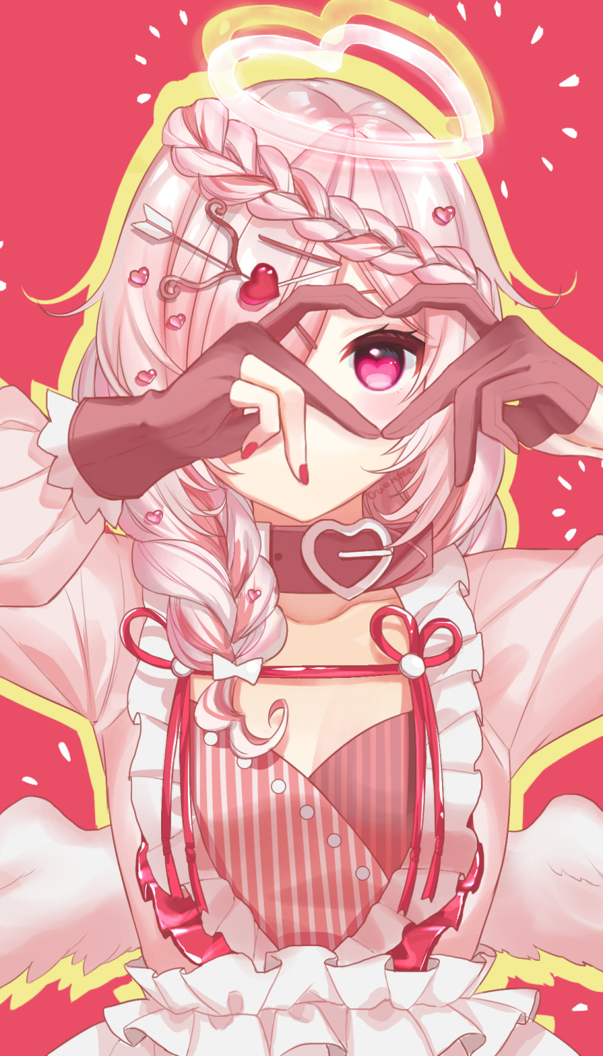 1girl, angel, angel_wings, braid, gloves, gyuentec, hair_ornament, hair_over_one_eye