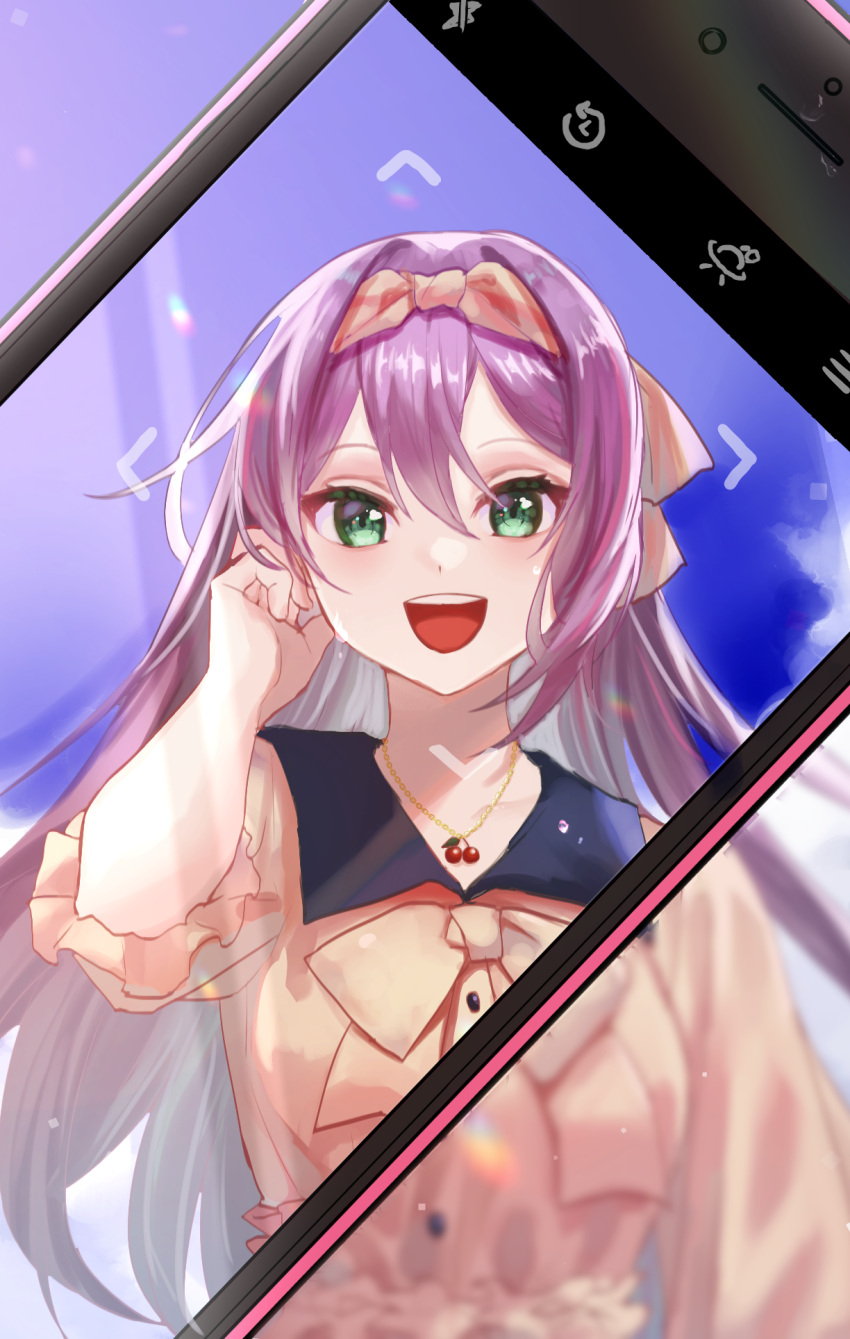 1girl, bow, cellphone_picture, cherry_necklace, dress, green_eyes, gyuentec, highres