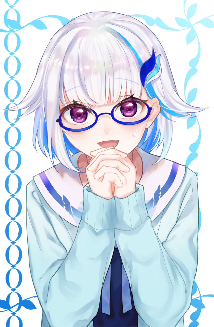 1girl, blue-framed_eyewear, blue_cardigan, blue_hair, blush, cardigan, glasses, gyuentec