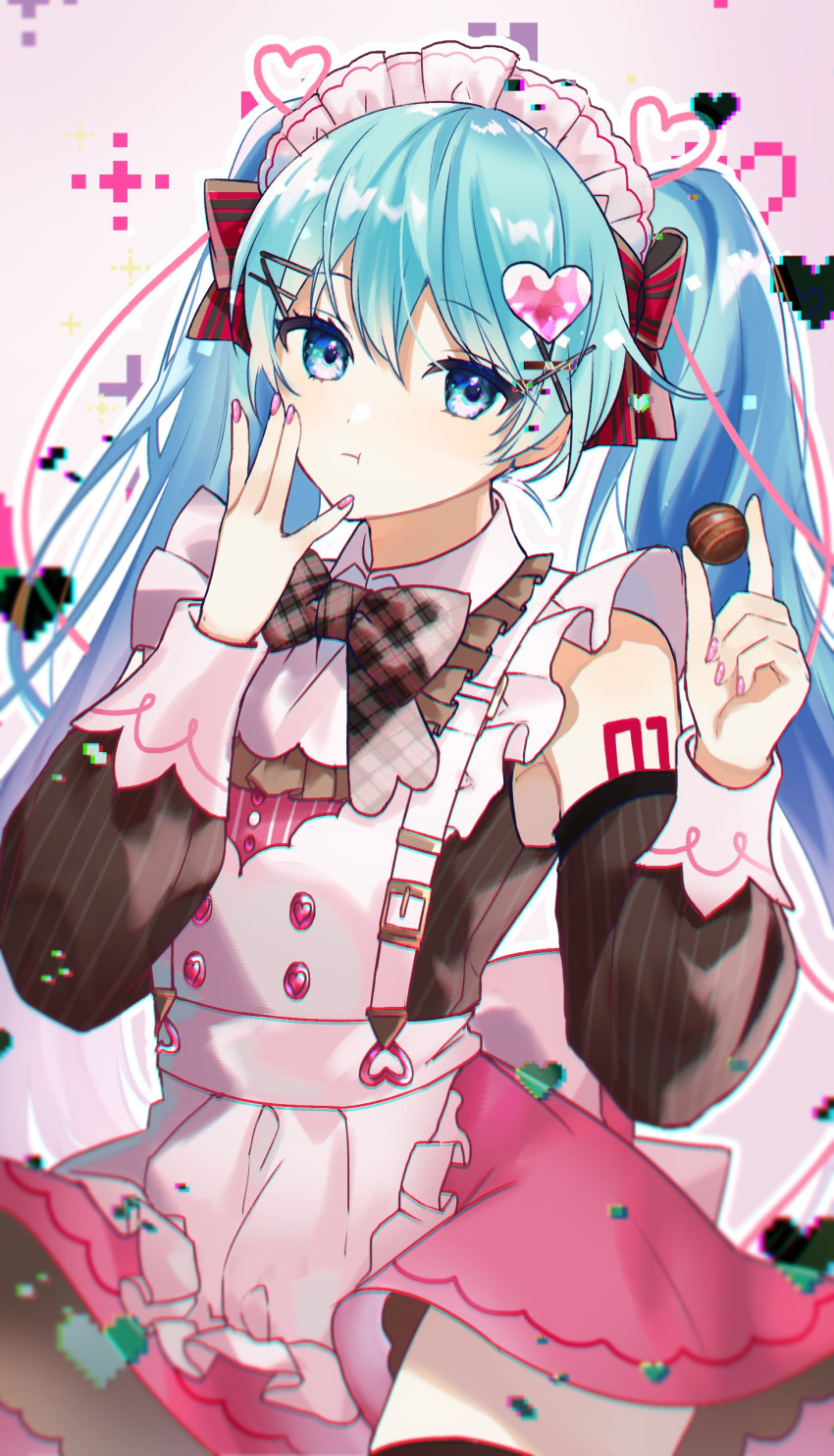 1girl, absurdres, apron, blue_eyes, blue_hair, bow, brown_bow, brown_sleeves, commentary, detached_sleeves, gyuentec, hair_ornament, hatsune_miku, heart, heart_hair_ornament, highres, long_hair, maid_headdress, pink_nails, pink_skirt, plaid, plaid_bow, shoulder_tattoo, skirt, solo, striped_sleeves, tattoo, twintails, vocaloid, white_apron, white_headdress