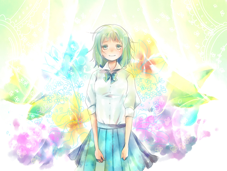 flower, green_eyes, green_hair, gumi, hashimochi, kimi_ni_gomen_ne_(vocaloid), messy_hair, pleated_skirt
