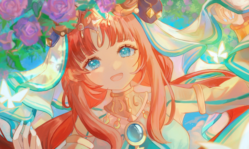 1girl, blue_gemstone, detached_sleeves, flower, gem, genshin_impact, highres, hisui_ramune