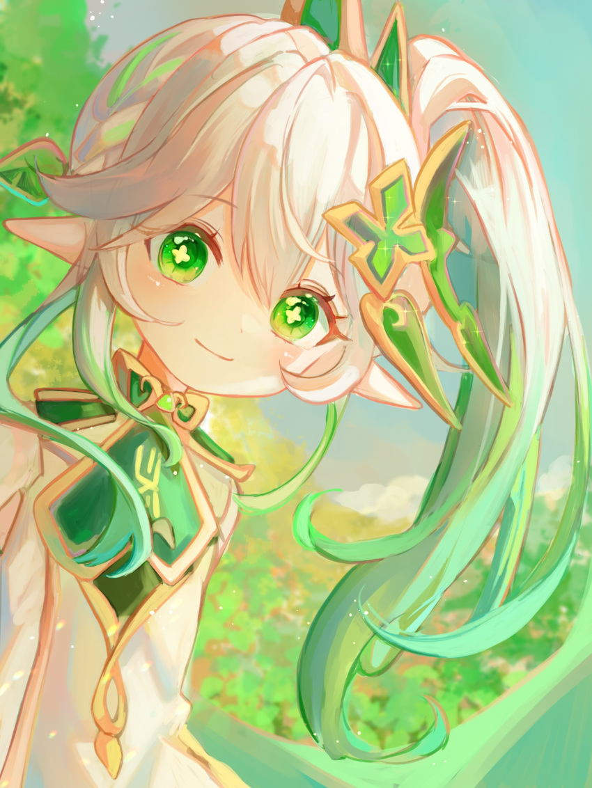 1girl, cross-shaped_pupils, dress, genshin_impact, gold_trim, gradient_hair, green_eyes, green_hair