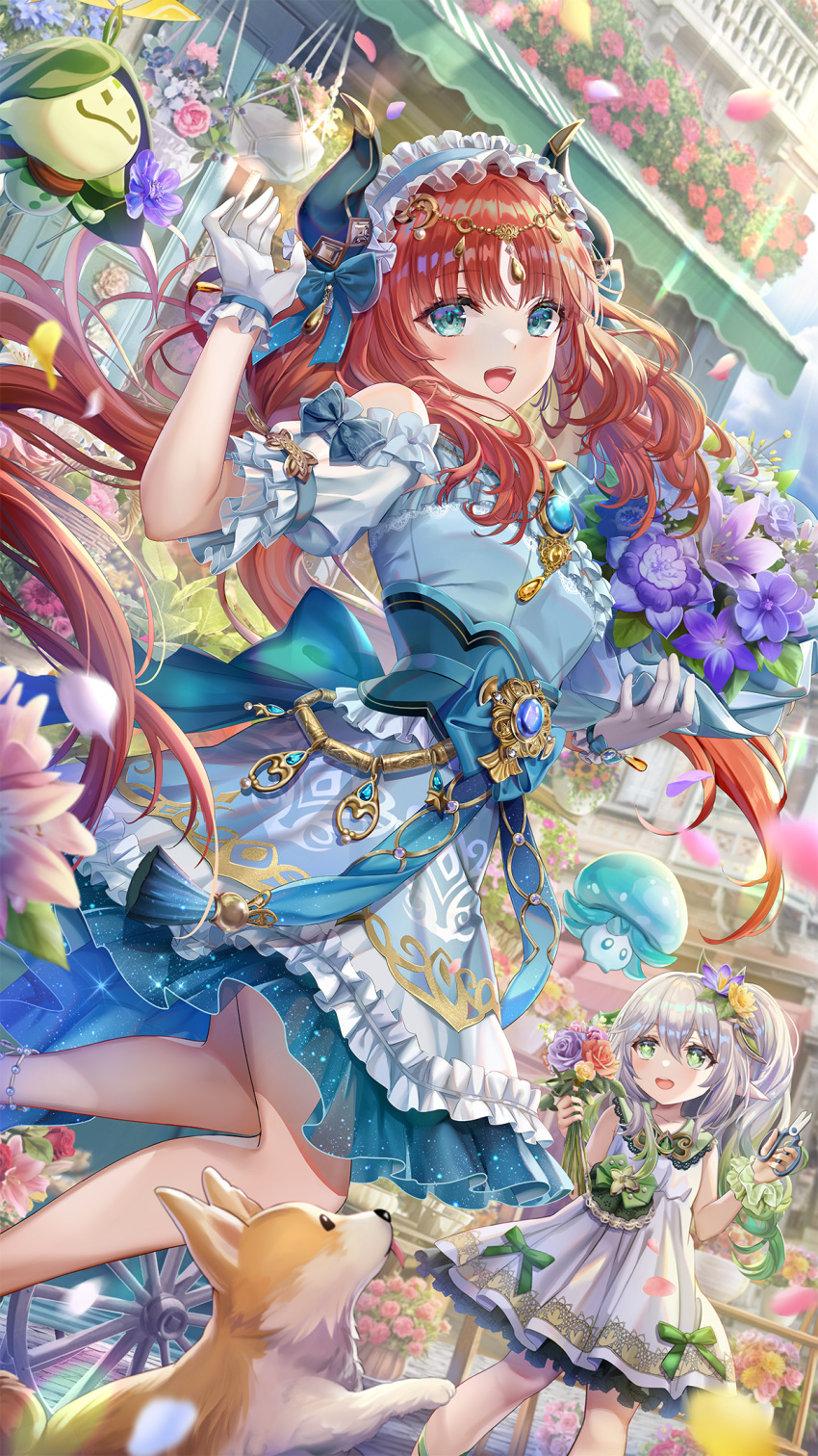 2girls, aranara_(genshin_impact), bare_shoulders, blue_dress, blue_eyes, blush, bouquet, brooch, dog, dress, duplicate, fake_horns, flower, frilled_hairband, frills, fungi_(genshin_impact), genshin_impact, gloves, gold_trim, green_eyes, green_hair, hair_flower, hair_ornament, hairband, highres, horns, jewelry, leaf_hair_ornament, long_hair, looking_at_viewer, multicolored_hair, multiple_girls, nahida_(genshin_impact), nilou_(genshin_impact), nilou_(gigo)_(genshin_impact), open_mouth, pixel-perfect_duplicate, puffy_short_sleeves, puffy_sleeves, redhead, short_sleeves, sidelocks, torino_aqua, white_dress, white_gloves