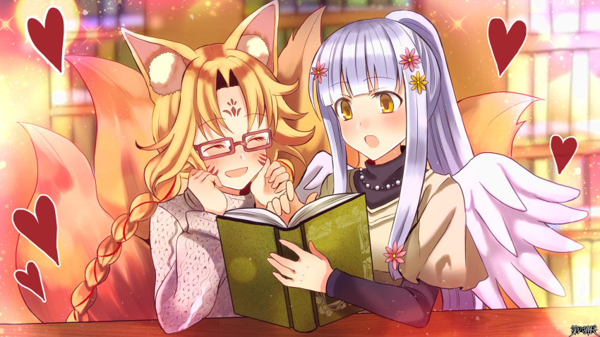 2girls, airi_ganguru, animal_ear_fluff, animal_ears, blunt_bangs, blush, book, bookshelf