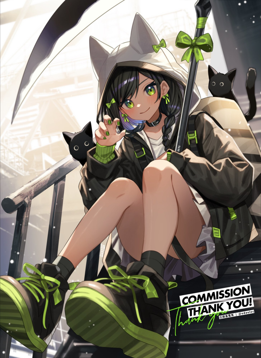 1girl, animal_hood, bag, black_cat, black_choker, black_hair, black_jacket, braid