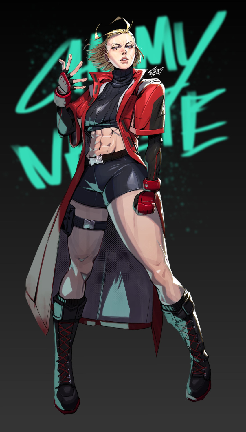 1girl, abs, absurdres, belt_buckle, bike_shorts, black_sweater, blonde_hair, blue_eyes