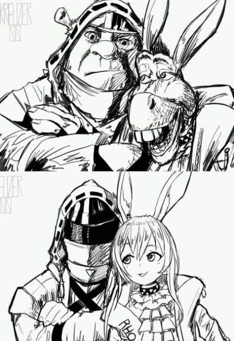 1girl, amiya_(arknights), arknights, doctor_(arknights), donkey, donkey_(shrek), multiple_boys, shrek