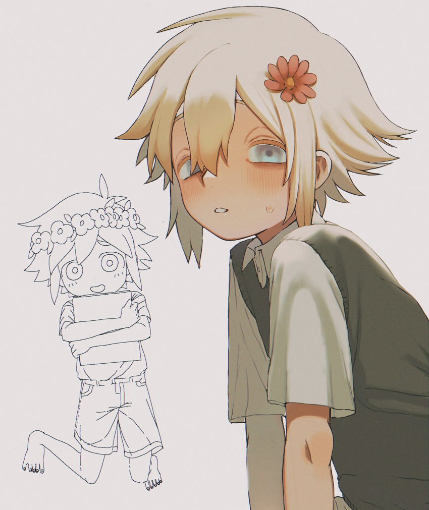 1boy, basil_(faraway)_(omori), basil_(headspace)_(omori), basil_(omori), blonde_hair, blue_eyes, book, chibi