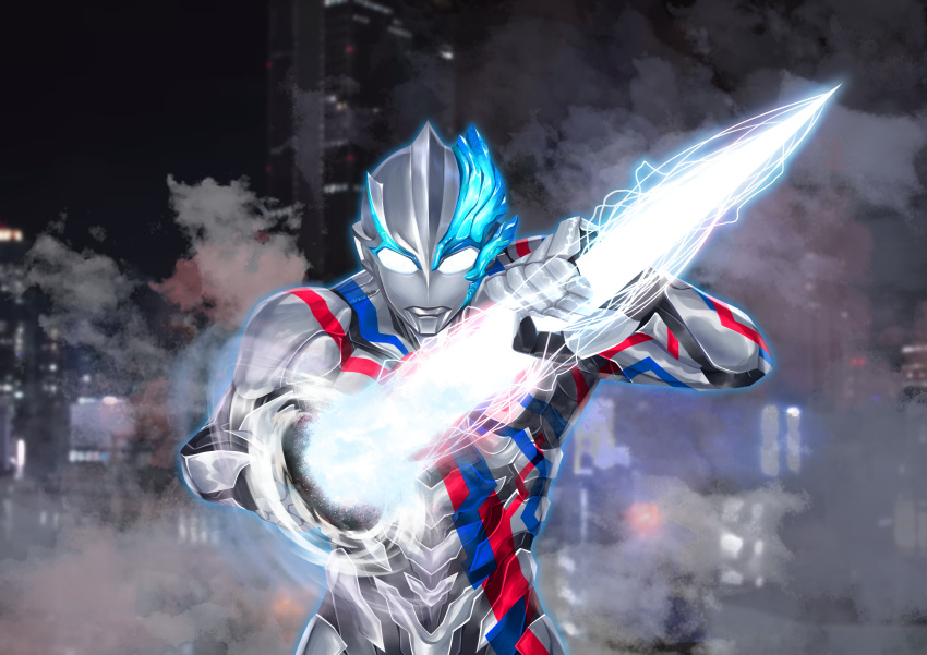 alien, asymmetrical_horns, blue_horns, cityscape, crystal, finishing_move, giant, glowing