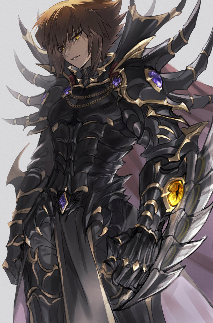 1boy, absurdres, armor, black_armor, black_shirt, brown_hair, cape, dark_persona