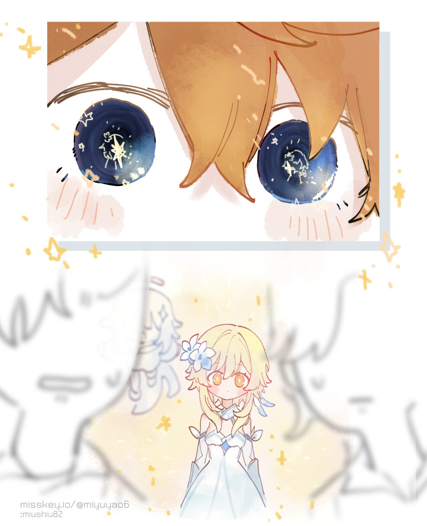 1boy, 2girls, 2others, absurdres, blonde_hair, blush, detached_sleeves, dress