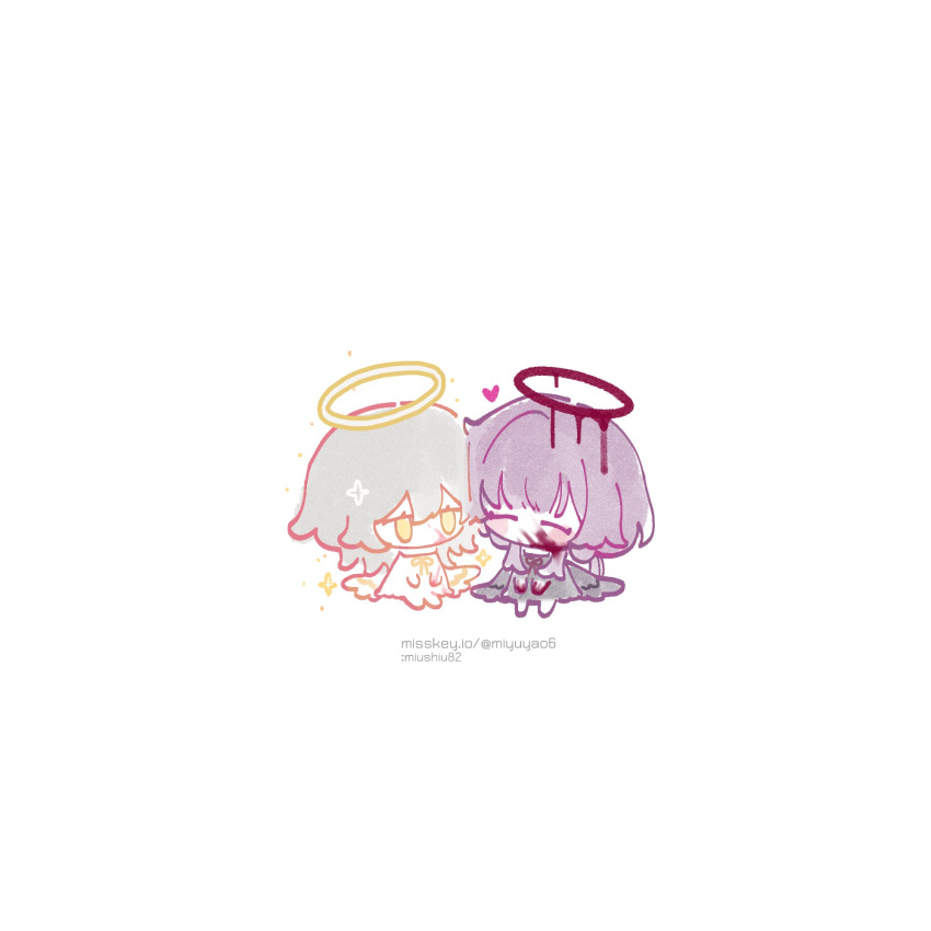 2girls, angel_and_devil, black_dress, black_wings, blood, blood_on_face, blood_on_hands, chibi
