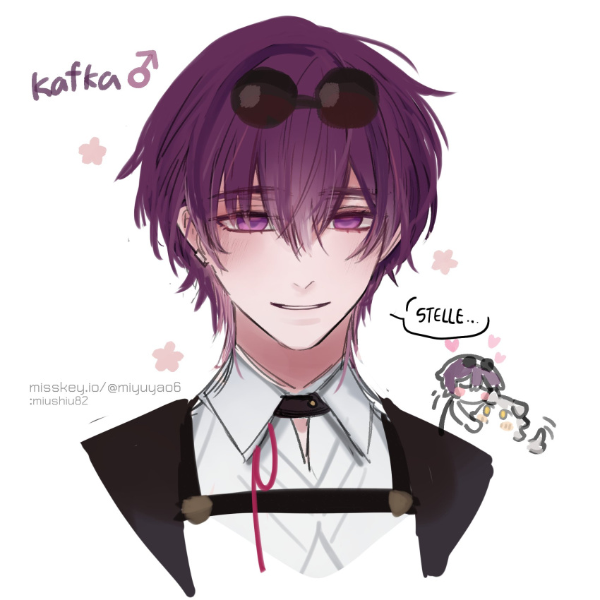 1boy, 1girl, chest_harness, collared_shirt, eyewear_on_head, genderswap, genderswap_(ftm), harness