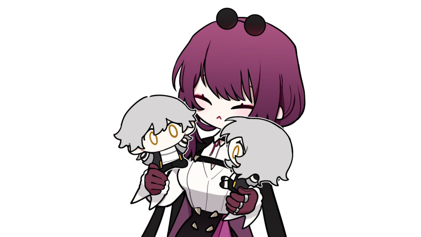 1boy, 2girls, black_pants, breasts, caelus_(honkai:_star_rail), eyewear_on_head, gloves, grey_hair