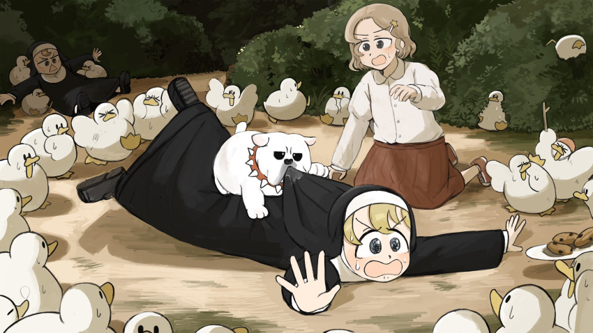 3girls, bird, biting, biting_another's_clothes, black_footwear, blonde_hair, blue_eyes, brown_eyes, brown_hair, bulldog, bush, catholic, chicken, chocolate_chip_cookie, clumsy_nun_(diva), cookie, diva_(hyxpk), dog, duck, english_commentary, fallen_down, food, froggy_nun_(diva), habit, hair_ornament, highres, light_brown_hair, little_nuns_(diva), little_star_girl_(diva), multiple_girls, nun, red_footwear, red_skirt, shirt, short_hair, skirt, star_(symbol), star_hair_ornament, traditional_nun, white_shirt