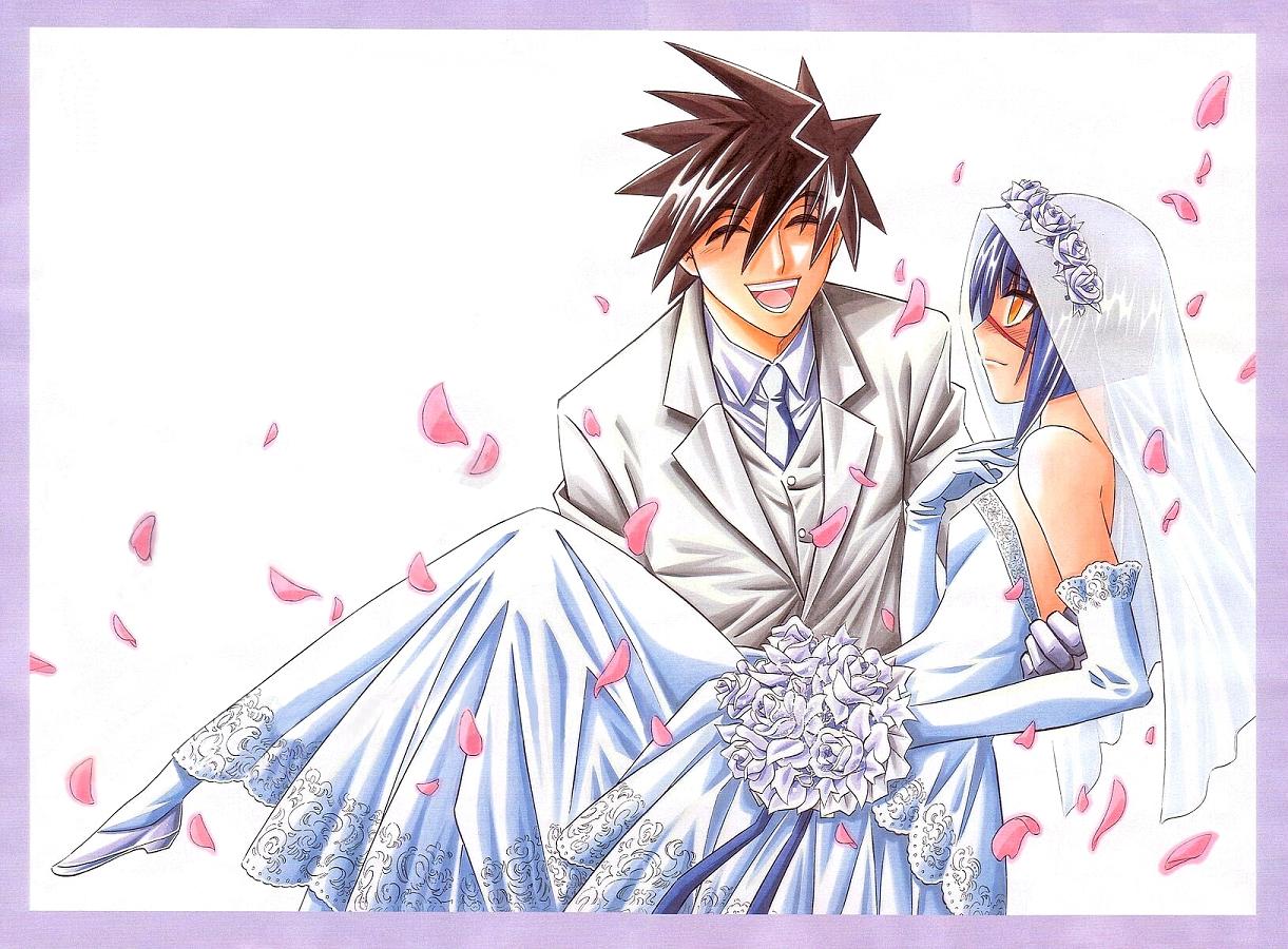1girl, blue_hair, bob_cut, bouquet, bridal_veil, bride, busou_renkin, couple, dress, elbow_gloves, flower, formal, gloves, good_end, happy, muto_kazuki, mutou_kazuki, petals, scar, short_hair, smile, suit, tsumura_tokiko, veil, wedding, wedding_dress