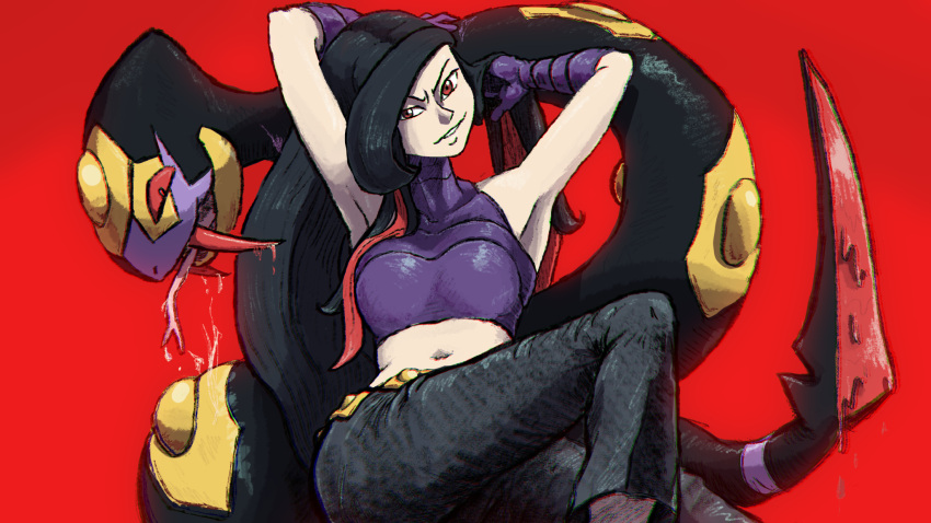 1girl, arms_behind_back, black_hair, breasts, colored_sclera, commentary_request, crop_top, fangs