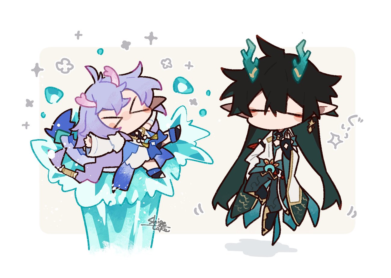 >_<, 1boy, 1girl, bailu_(honkai:_star_rail), braid, chibi, closed_eyes, dan_heng_(honkai:_star_rail), dan_heng_(imbibitor_lunae)_(honkai:_star_rail), dragon_boy, dragon_girl, dragon_horns, dress, earrings, floating_hair, geyser, green_pants, honkai:_star_rail, honkai_(series), horns, jewelry, long_sleeves, low_twin_braids, pants, pointy_ears, shigetake_(buroira), twin_braids, water, white_dress